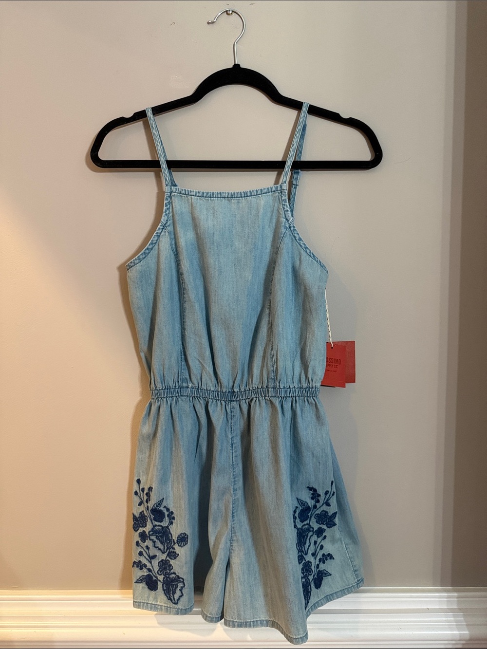 Light Blue Denim Romper with Floral Embroidery